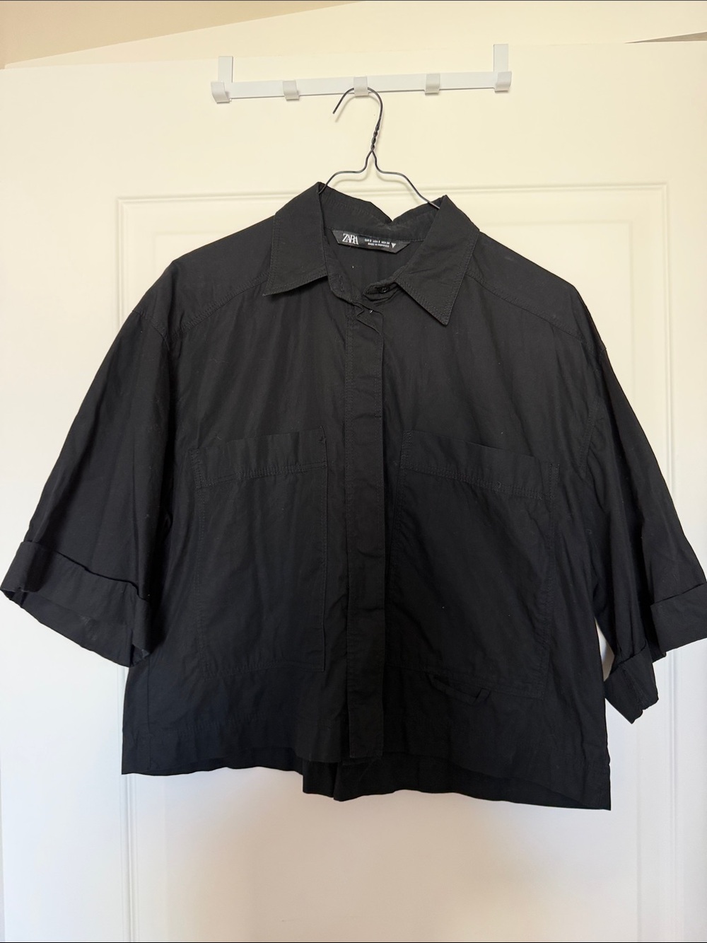 Zara Black Short-Sleeve Oversized Button-Down Shirt